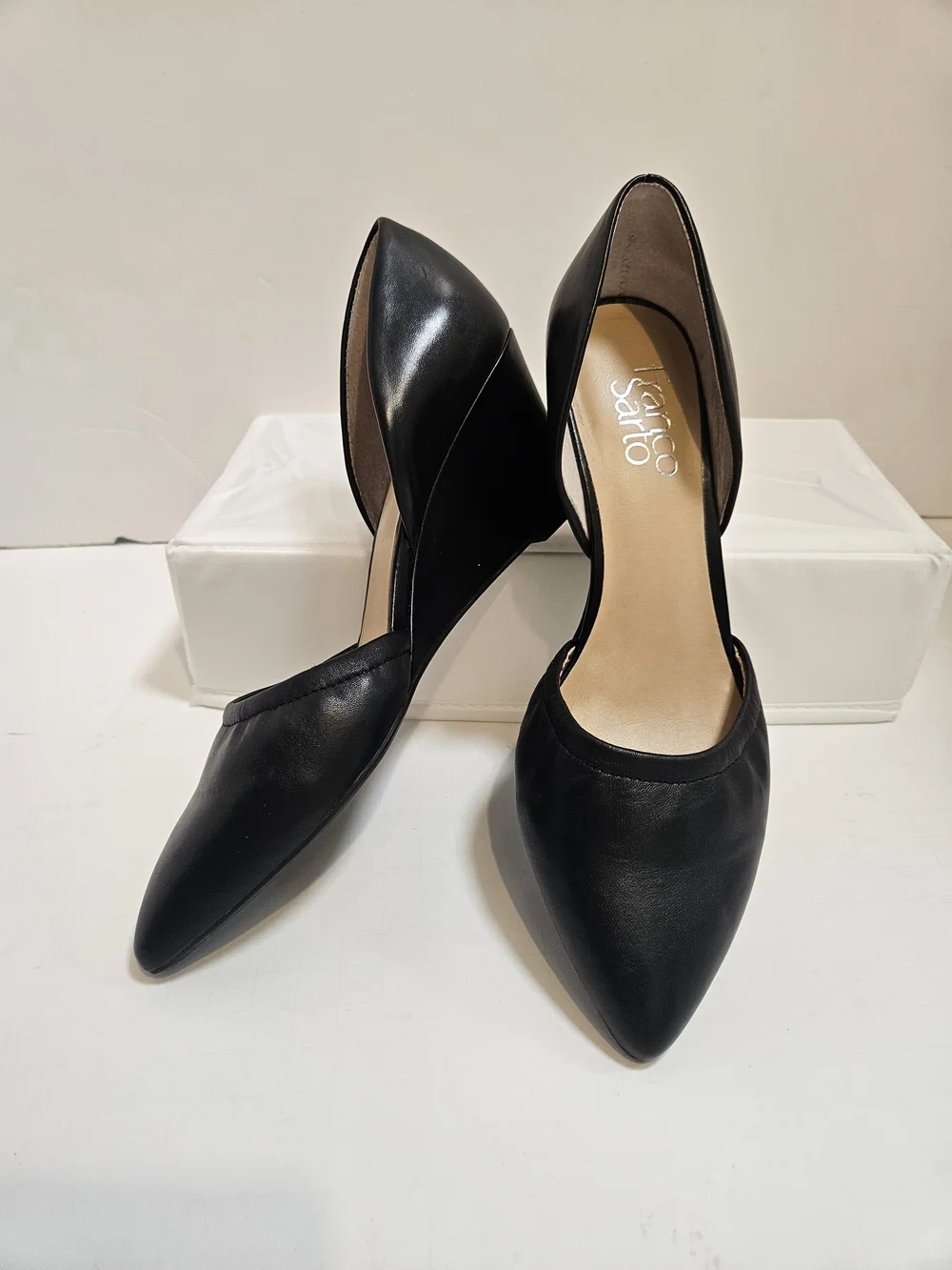 Franco Sarto Black Leather Fenvay Pointed Toe Wedge Pumps Heels Size 6.5M